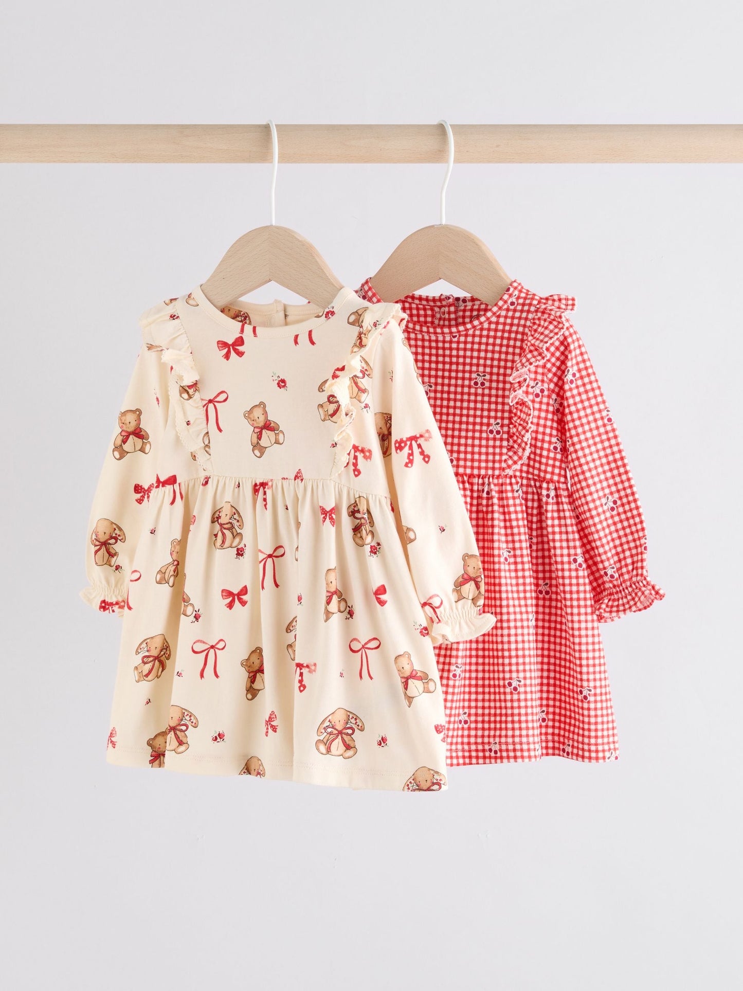 Cream Bear/ Red Cherry Gingham Baby Jersey Dresses 2 Pack (0mths-2yrs)
