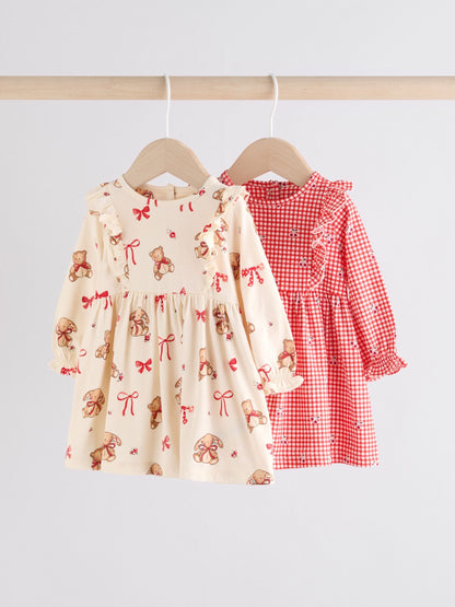 Cream Bear/ Red Cherry Gingham Baby Jersey Dresses 2 Pack (0mths-2yrs)