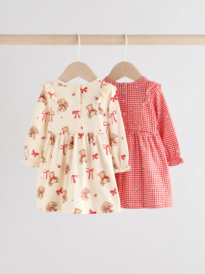 Cream Bear/ Red Cherry Gingham Baby Jersey Dresses 2 Pack (0mths-2yrs)