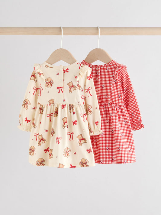 Cream Bear/ Red Cherry Gingham Baby Jersey Dresses 2 Pack (0mths-2yrs)