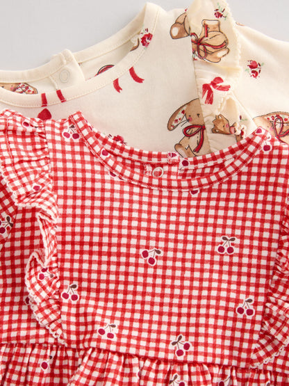 Cream Bear/ Red Cherry Gingham Baby Jersey Dresses 2 Pack (0mths-2yrs)