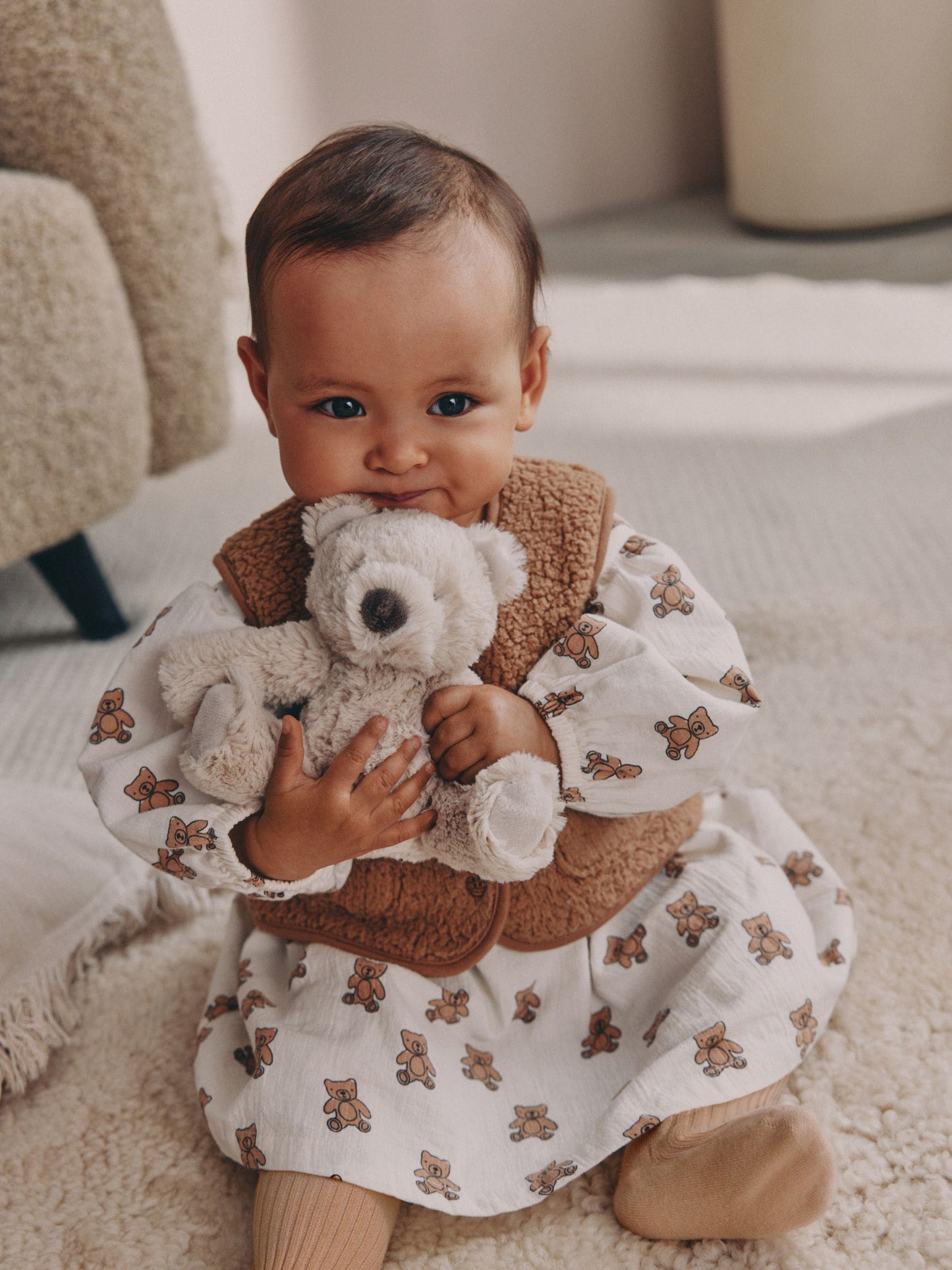 Cream/ Brown Bear Long Sleeve Baby Dress and Waistcoats with Tights 3 Piece Set (0mths-2yrs)