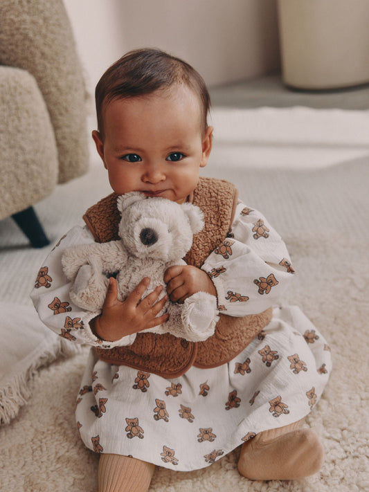 Cream/ Brown Bear Long Sleeve Baby Dress and Waistcoats with Tights 3 Piece Set (0mths-2yrs)