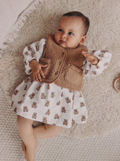 Cream/ Brown Bear Long Sleeve Baby Dress and Waistcoats with Tights 3 Piece Set (0mths-2yrs)