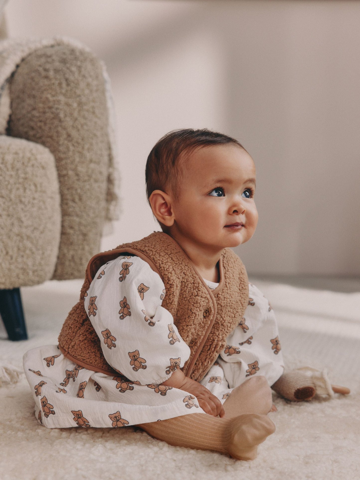 Cream/ Brown Bear Long Sleeve Baby Dress and Waistcoats with Tights 3 Piece Set (0mths-2yrs)