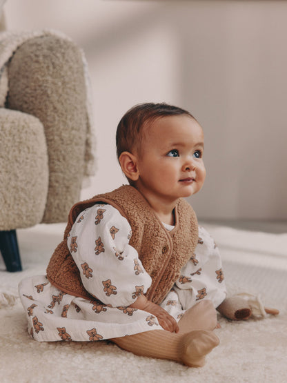 Cream/ Brown Bear Long Sleeve Baby Dress and Waistcoats with Tights 3 Piece Set (0mths-2yrs)