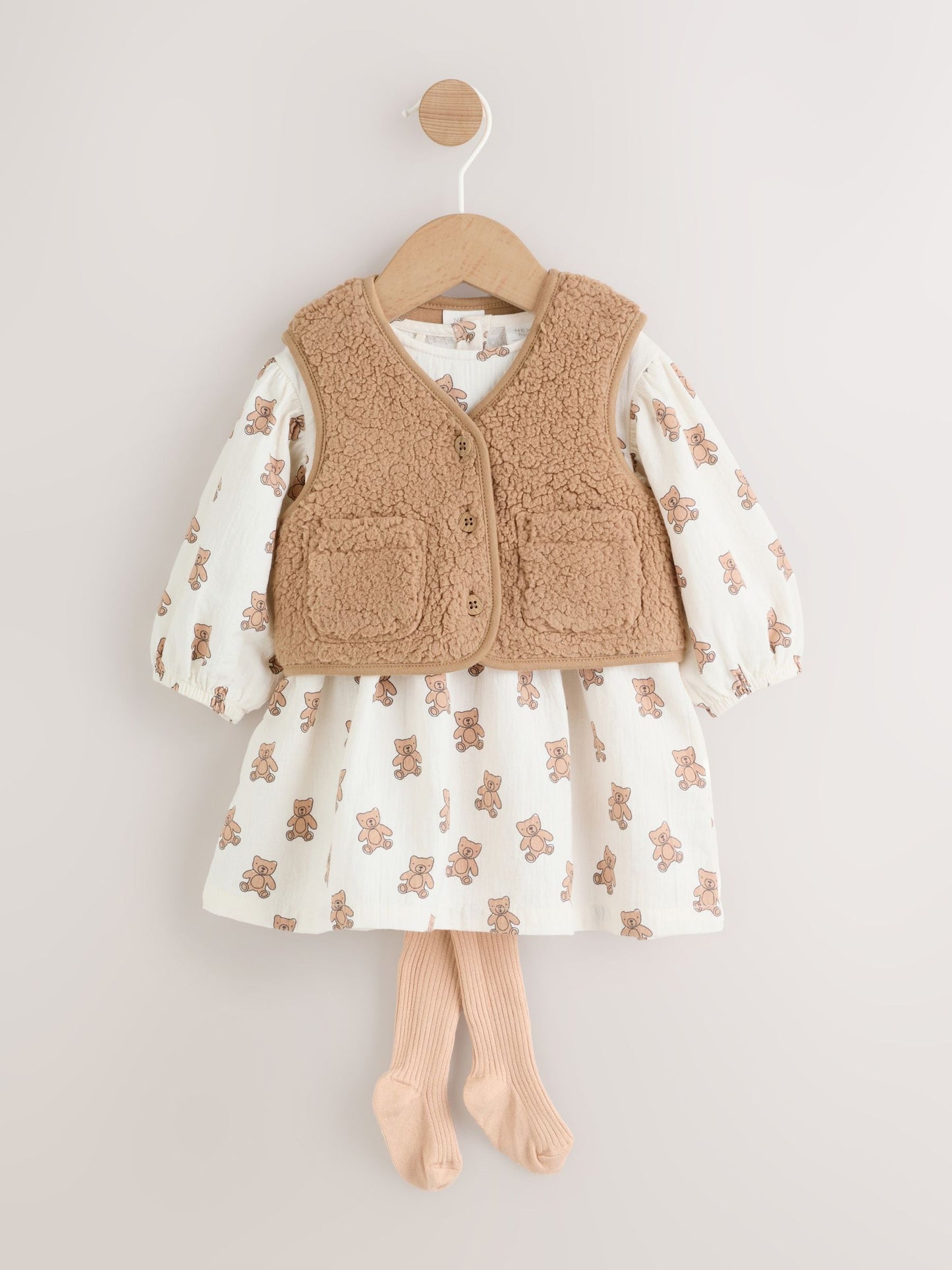 Cream/ Brown Bear Long Sleeve Baby Dress and Waistcoats with Tights 3 Piece Set (0mths-2yrs)