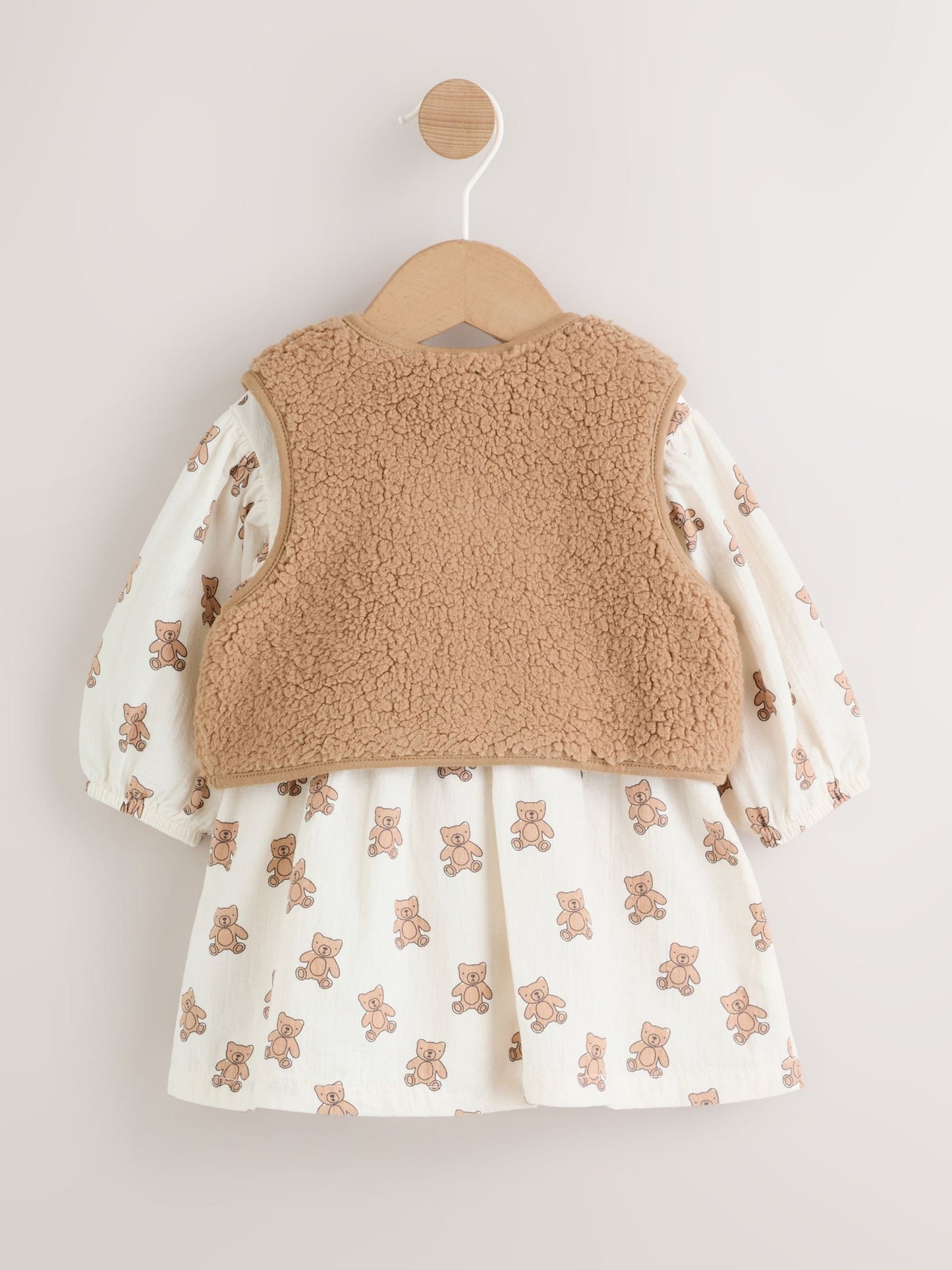 Cream/ Brown Bear Long Sleeve Baby Dress and Waistcoats with Tights 3 Piece Set (0mths-2yrs)