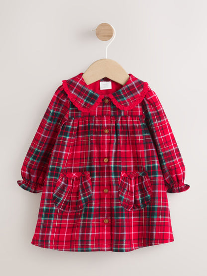 Red Check Baby Collar Long Sleeve Dress (0mths-2yrs)