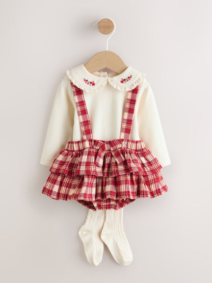 Red Check Long Sleeve Bodysuit, Bubble Skirt and Tights Baby 3 Piece Set (0mths-2yrs)