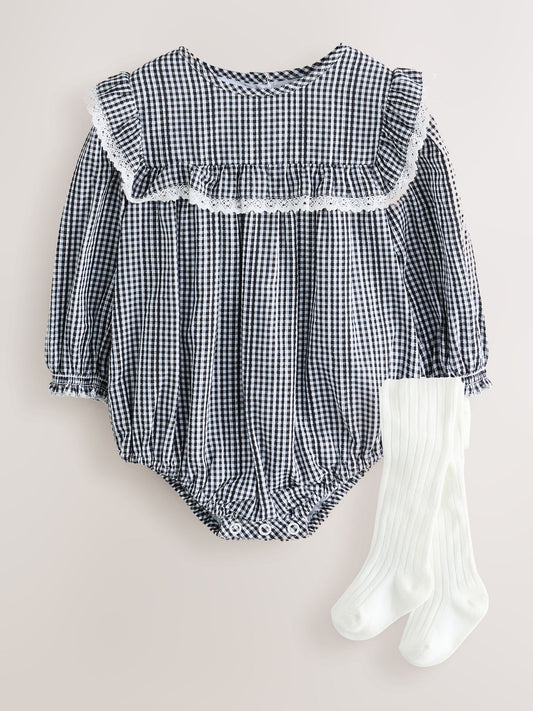 Grey/ White Gingham Check Baby Bloomer Rompers Set 2 Piece with Tights (0mths-3yrs) image 1