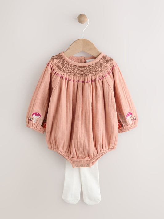 Tan Brown Embroidered Baby Bloomer Rompers Set 2 Piece with Tights (0mths-3yrs) image 1
