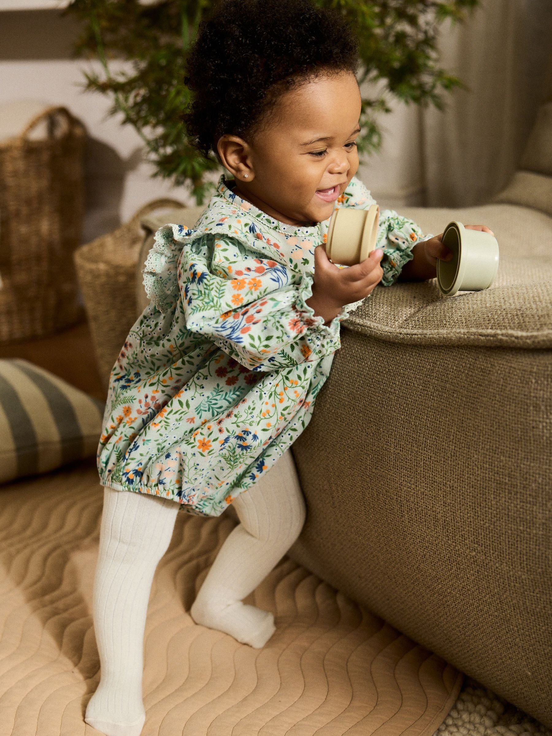 Green Floral Baby Bloomer Rompers Set 2 Piece with Tights (0mths-3yrs) image 1
