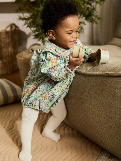 Green Floral Baby Bloomer Rompers Set 2 Piece with Tights (0mths-3yrs) image 1