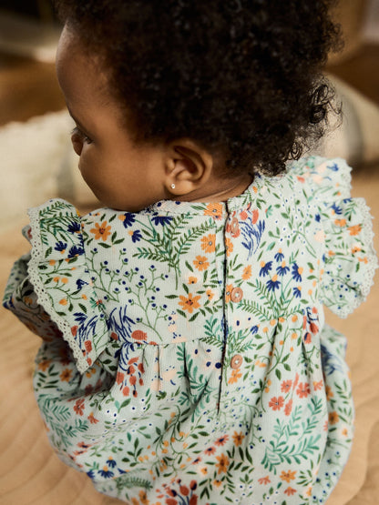 Green Floral Baby Bloomer Rompers Set 2 Piece with Tights (0mths-3yrs) image 5