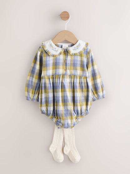 Green/Yellow Gingham Baby Bloomer Rompers Set 2 Piece with Tights (0mths-3yrs) image 5