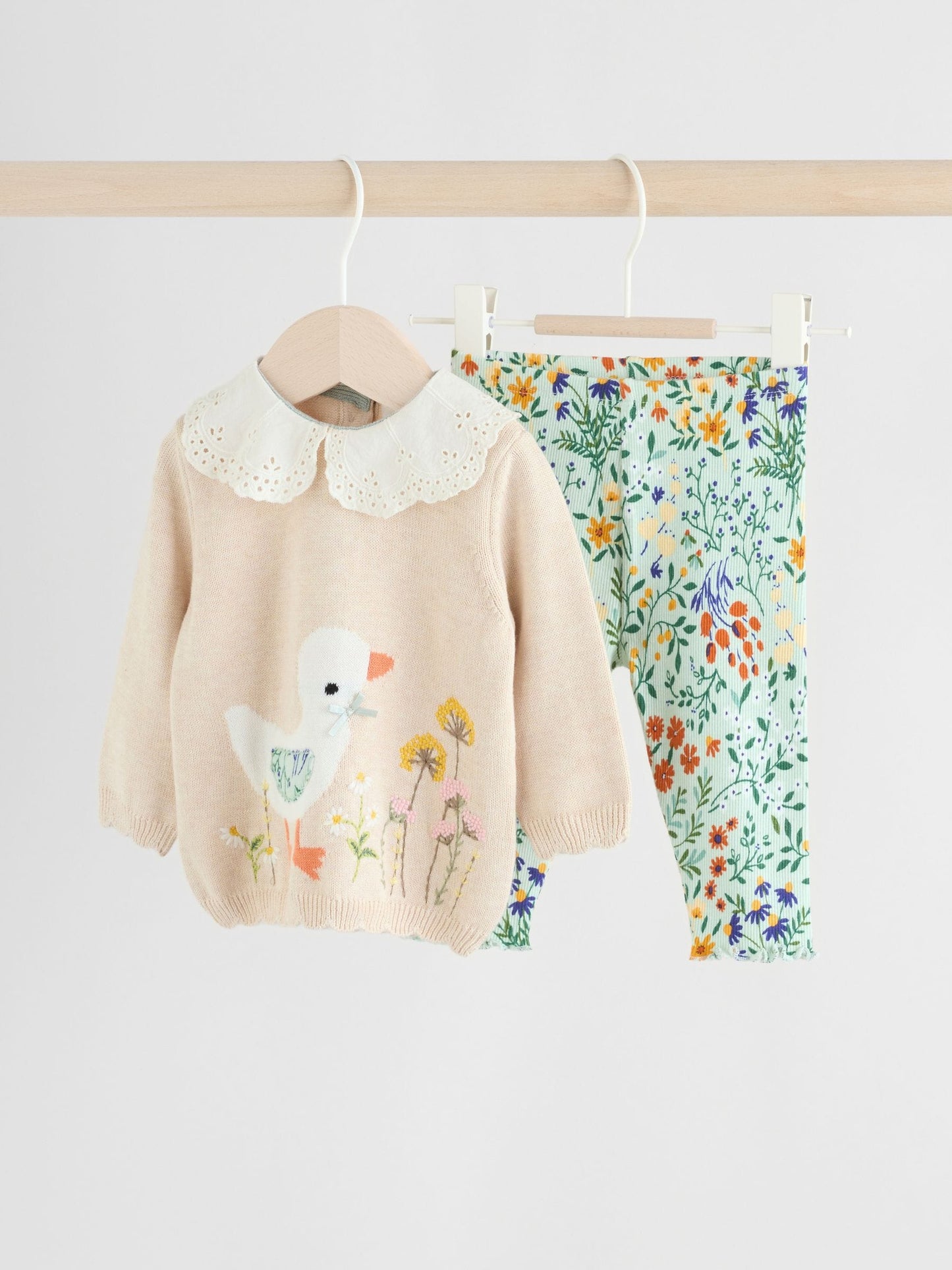 Neutral Duck/ Sage Ditsy Baby Knitted Jumper and Leggings 2 Piece Set (0mths-3yrs) image 1
