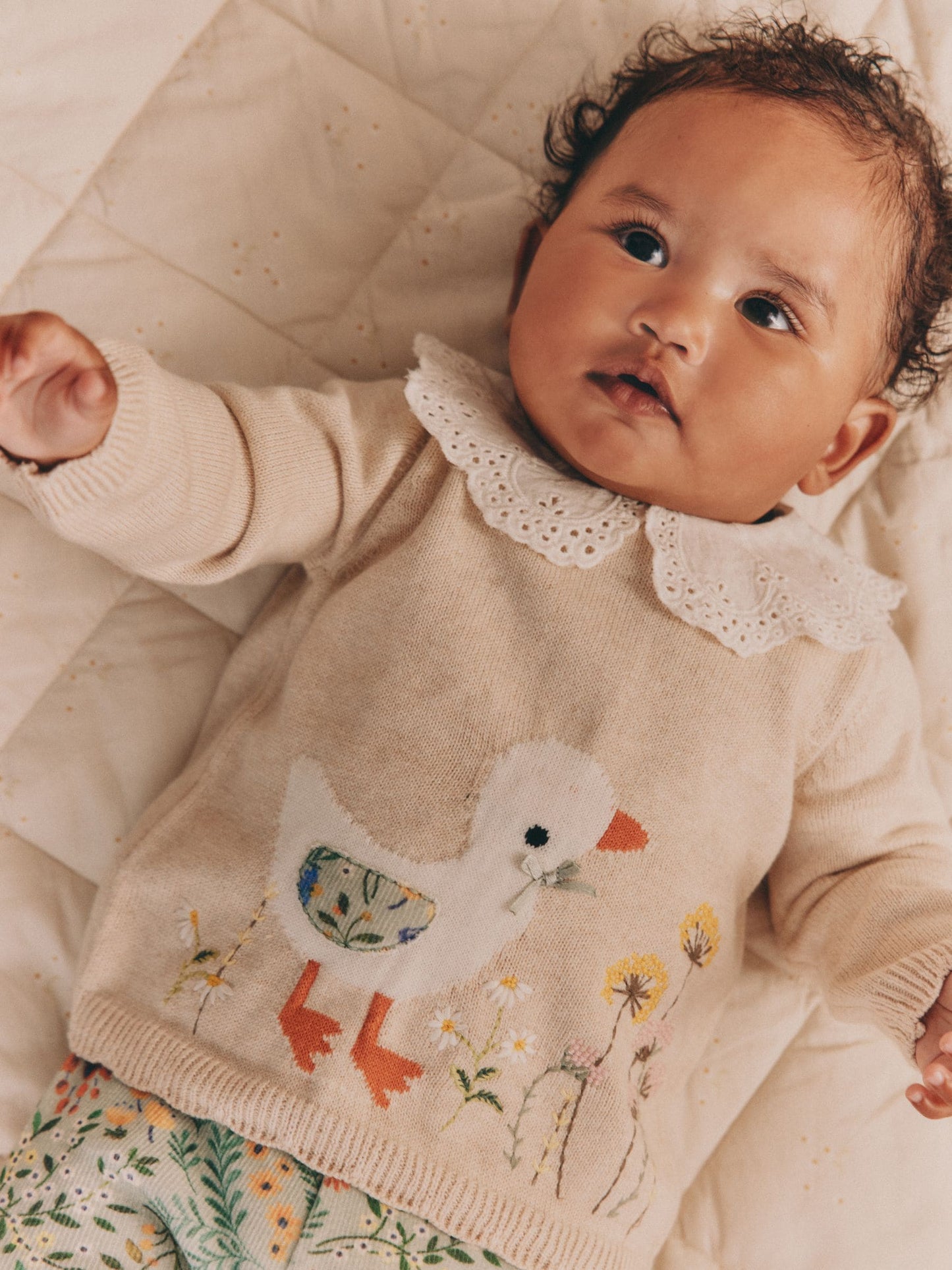 Neutral Duck/ Sage Ditsy Baby Knitted Jumper and Leggings 2 Piece Set (0mths-3yrs) image 3