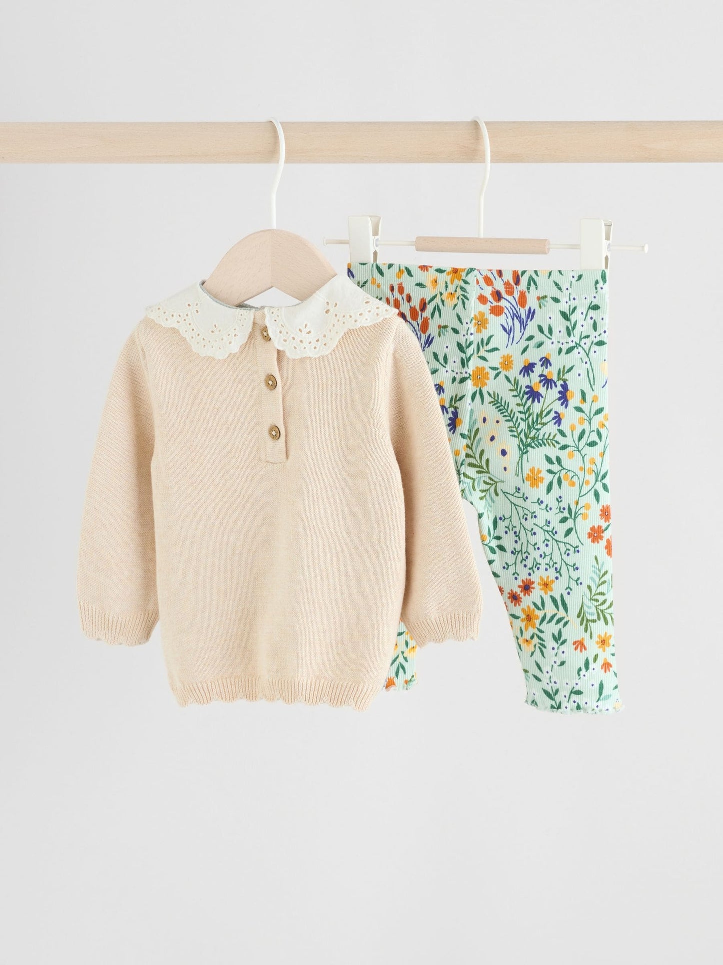 Neutral Duck/ Sage Ditsy Baby Knitted Jumper and Leggings 2 Piece Set (0mths-3yrs) image 7