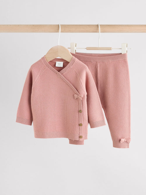 Pink Baby Knitted Wrap Jumper and Leggings 2 Piece Set (0mths-2yrs) image 1