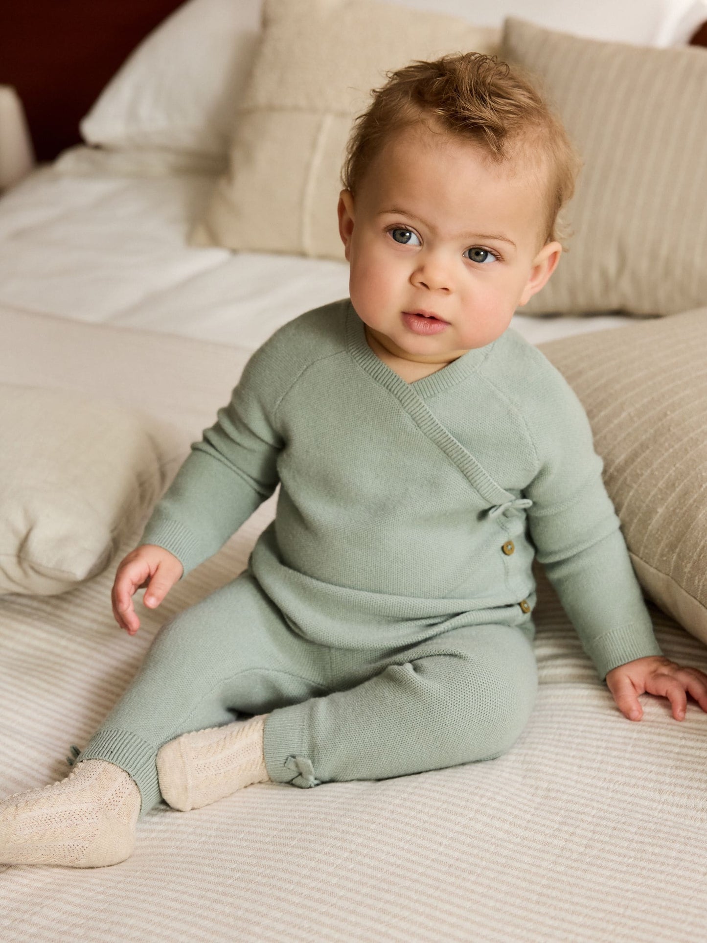 Sage Green Baby Knitted Wrap Jumper and Leggings 2 Piece Set (0mths-2yrs) image 1