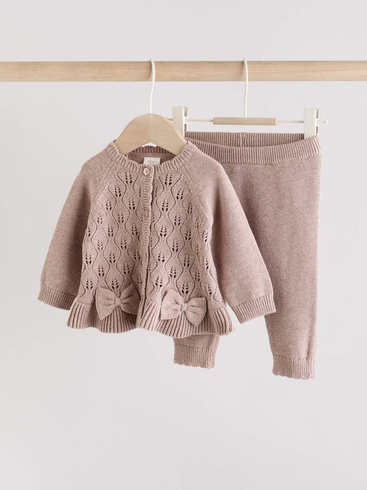 Mink Brown Frill Knitted Bow Cardigan Set (0mths-3yrs) image 1