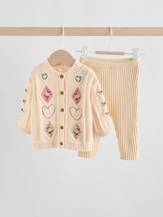 Cream Embroidered Baby Knitted Cardigan and Leggings 2 Piece Set (0mths-3yrs) image 1