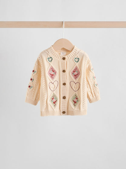 Cream Embroidered Baby Knitted Cardigan and Leggings 2 Piece Set (0mths-3yrs)