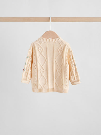 Cream Embroidered Baby Knitted Cardigan and Leggings 2 Piece Set (0mths-3yrs)