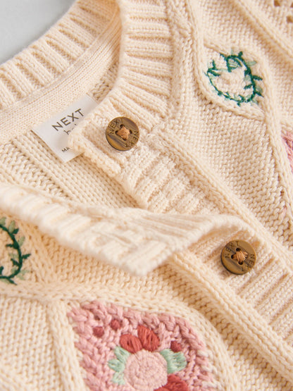 Cream Embroidered Baby Knitted Cardigan and Leggings 2 Piece Set (0mths-3yrs)