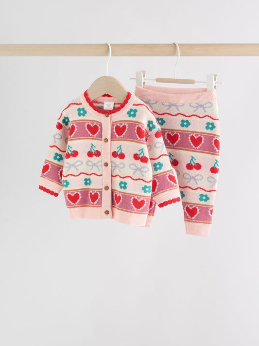Red/ Pink Cherries Baby Knitted Cardigan and Leggings 2 Piece Set (0mths-3yrs) image 1