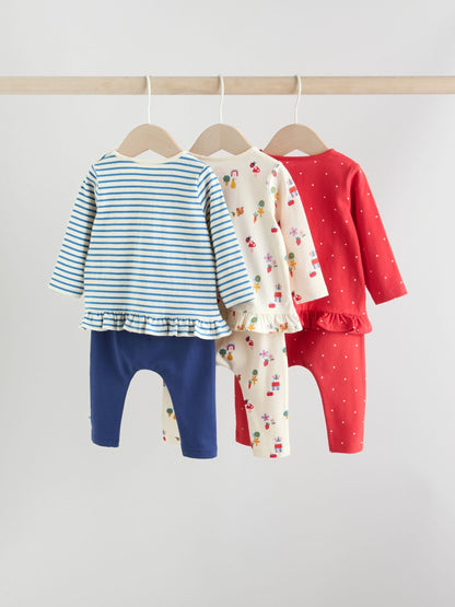 Red/Blue/Cream Long Sleeve Top And Leggings Set 6 Piece (0mths-3yrs)