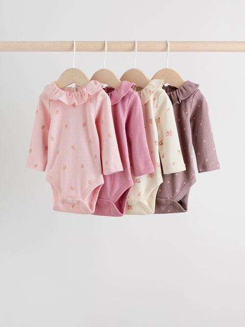 Dsiney Kidz - Pink/ Cream/ Brown Ditsy Baby Long Sleeve Frill Bodysuits 4 Pack (0mths-2yrs) image 1