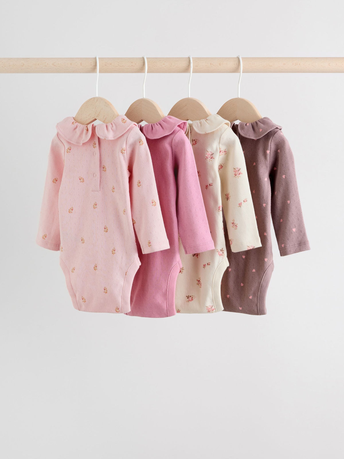 Dsiney Kidz - Pink/ Cream/ Brown Ditsy Baby Long Sleeve Frill Bodysuits 4 Pack (0mths-2yrs) image 6