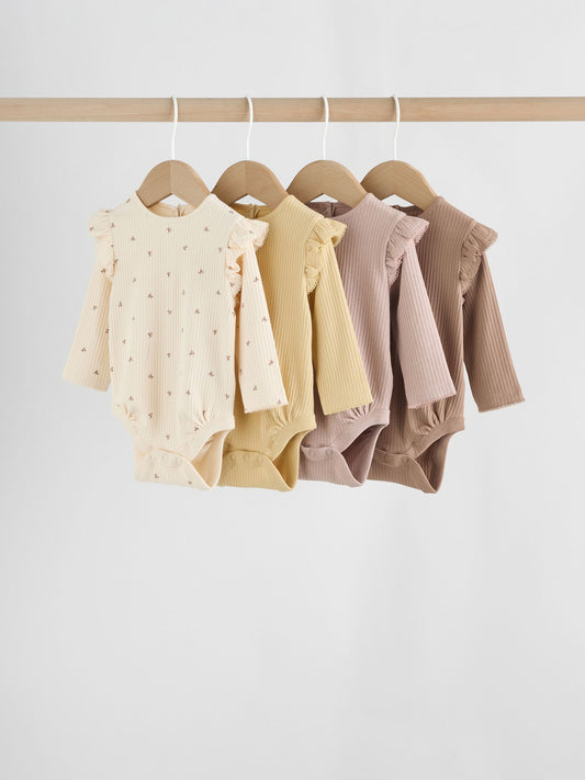 Purple/Yellow/Cream Ditsy Baby Long Sleeve Frill Bodysuits 4 Pack (0mths-2yrs) image 1