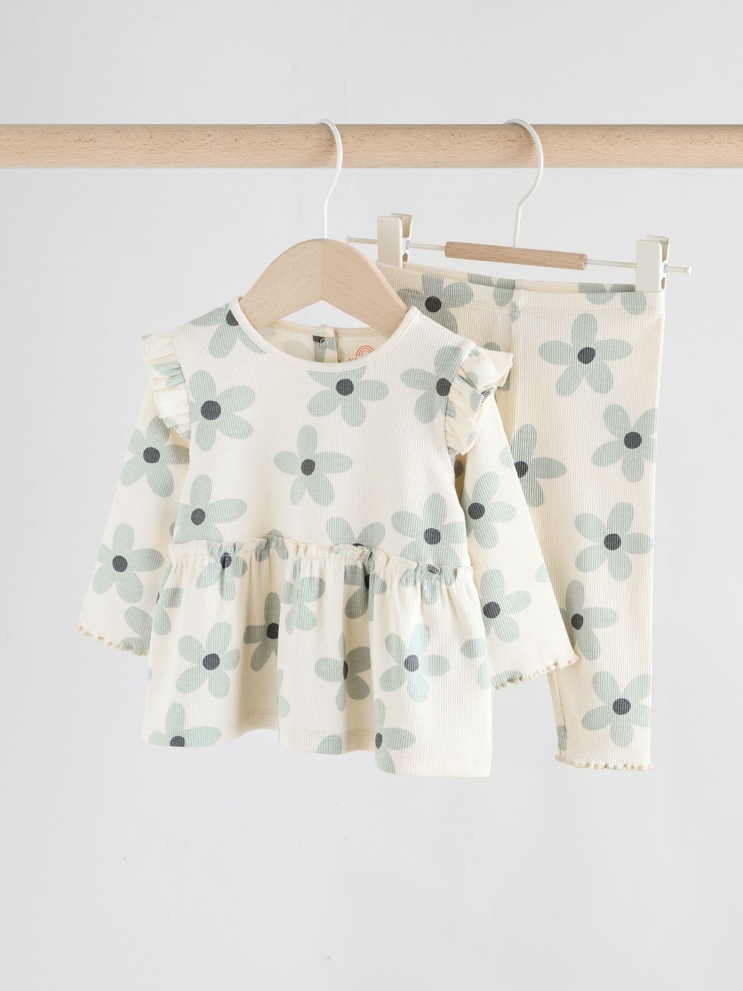 White/Blue Flower Baby Long Sleeve Frill Top And Leggings Set (0mths-2yrs) image 1