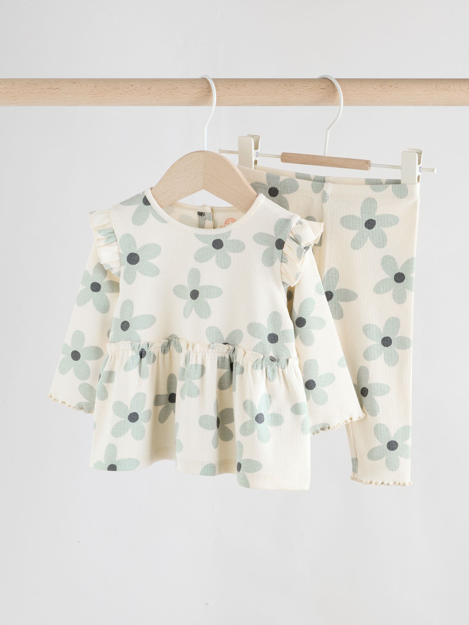 White/Blue Flower Baby Long Sleeve Frill Top And Leggings Set (0mths-2yrs) image 1