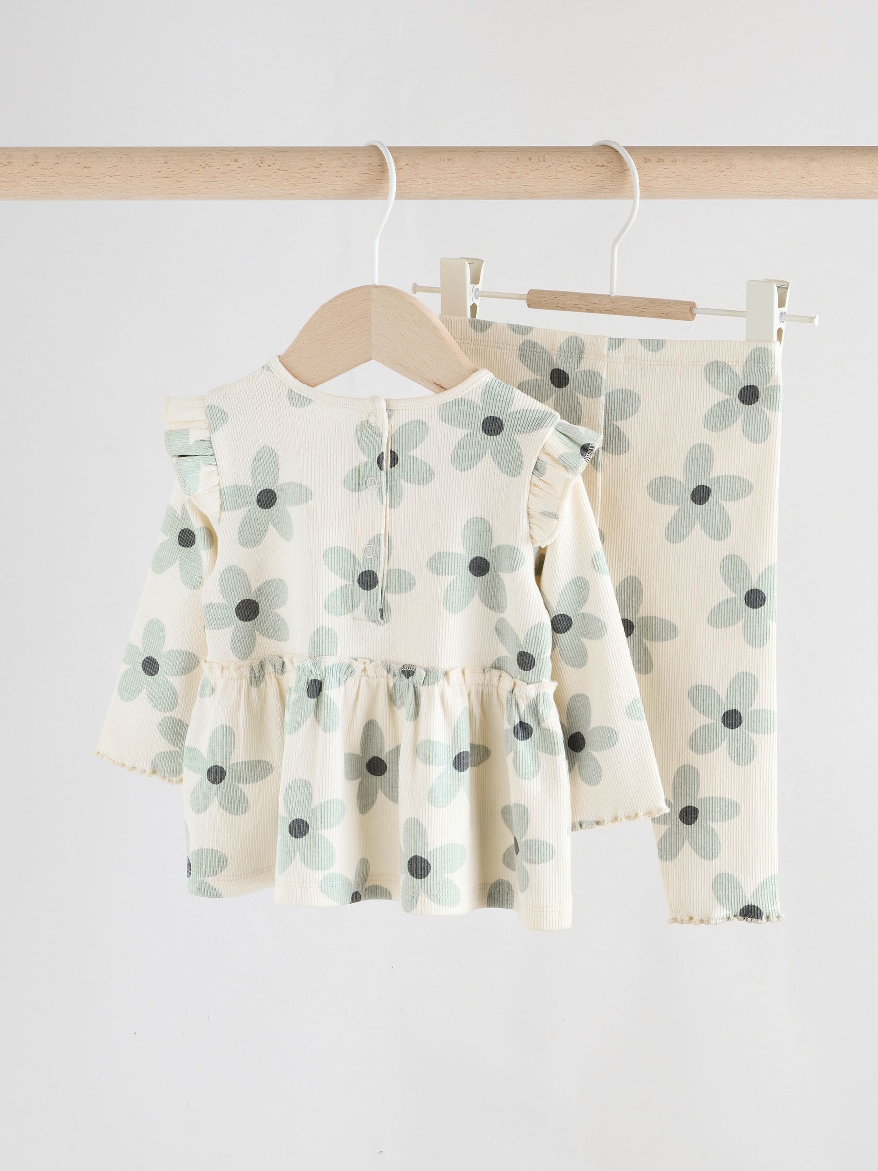 White/Blue Flower Baby Long Sleeve Frill Top And Leggings Set (0mths-2yrs) image 4