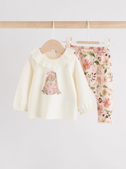 White/Pink/Bunny/Floral Baby Long Sleeve Top and Leggings Set (0mths-2yrs) image 1
