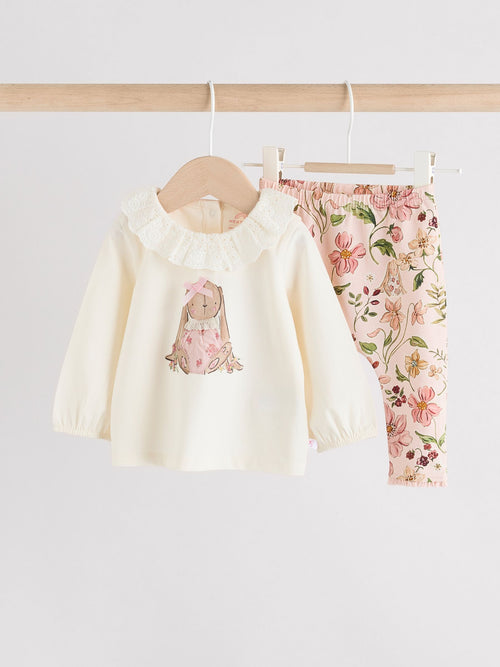 Dsiney Kidz - White/Pink/Bunny/Floral Baby Long Sleeve Top and Leggings Set (0mths-2yrs) image 1