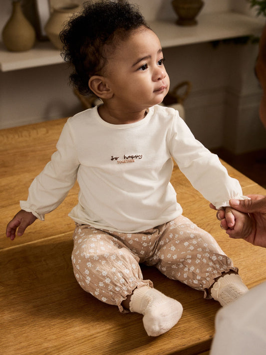 White/Brown Baby Long Sleeve Top and Trousers Set 2 Piece (0mths-2yrs) image 1
