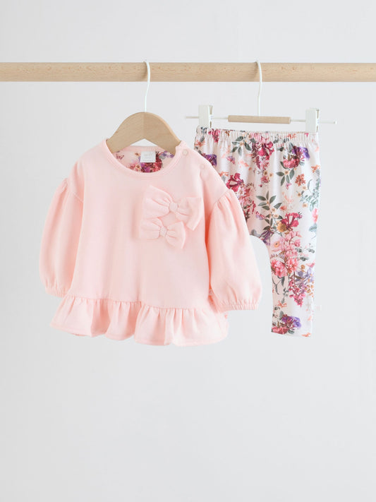 Pink/Cream Floral Baby Bow Sweaters and Leggings Set 2 Piece (0mths-2yrs)