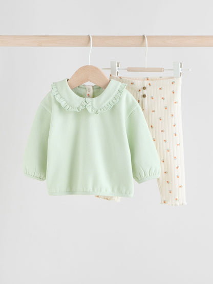Sage Green/ Cream Ditsy Baby Frill Collar Sweater and Leggings 2 Piece Set (0mths-2yrs) image 1