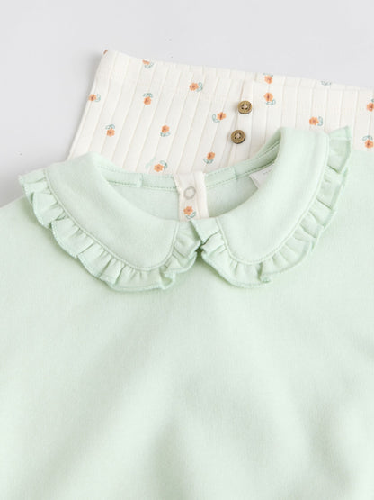 Sage Green/ Cream Ditsy Baby Frill Collar Sweater and Leggings 2 Piece Set (0mths-2yrs)