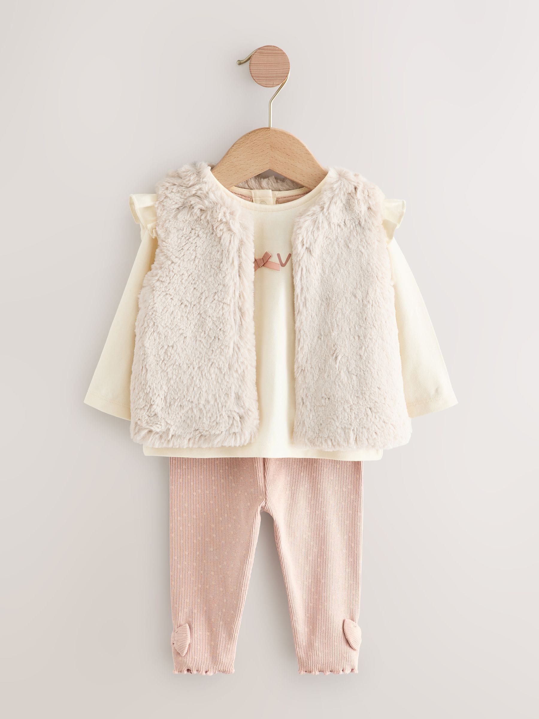 Pink/Cream Baby Fur Gilet, Top and Leggings 3 Piece Set (0mths-2yrs) image 4
