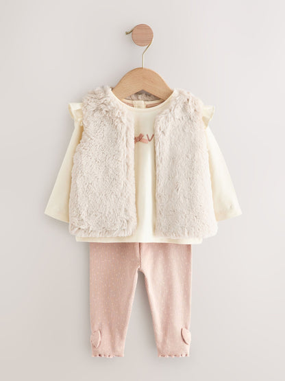 Pink/Cream Baby Fur Gilet, Top and Leggings 3 Piece Set (0mths-2yrs) image 4
