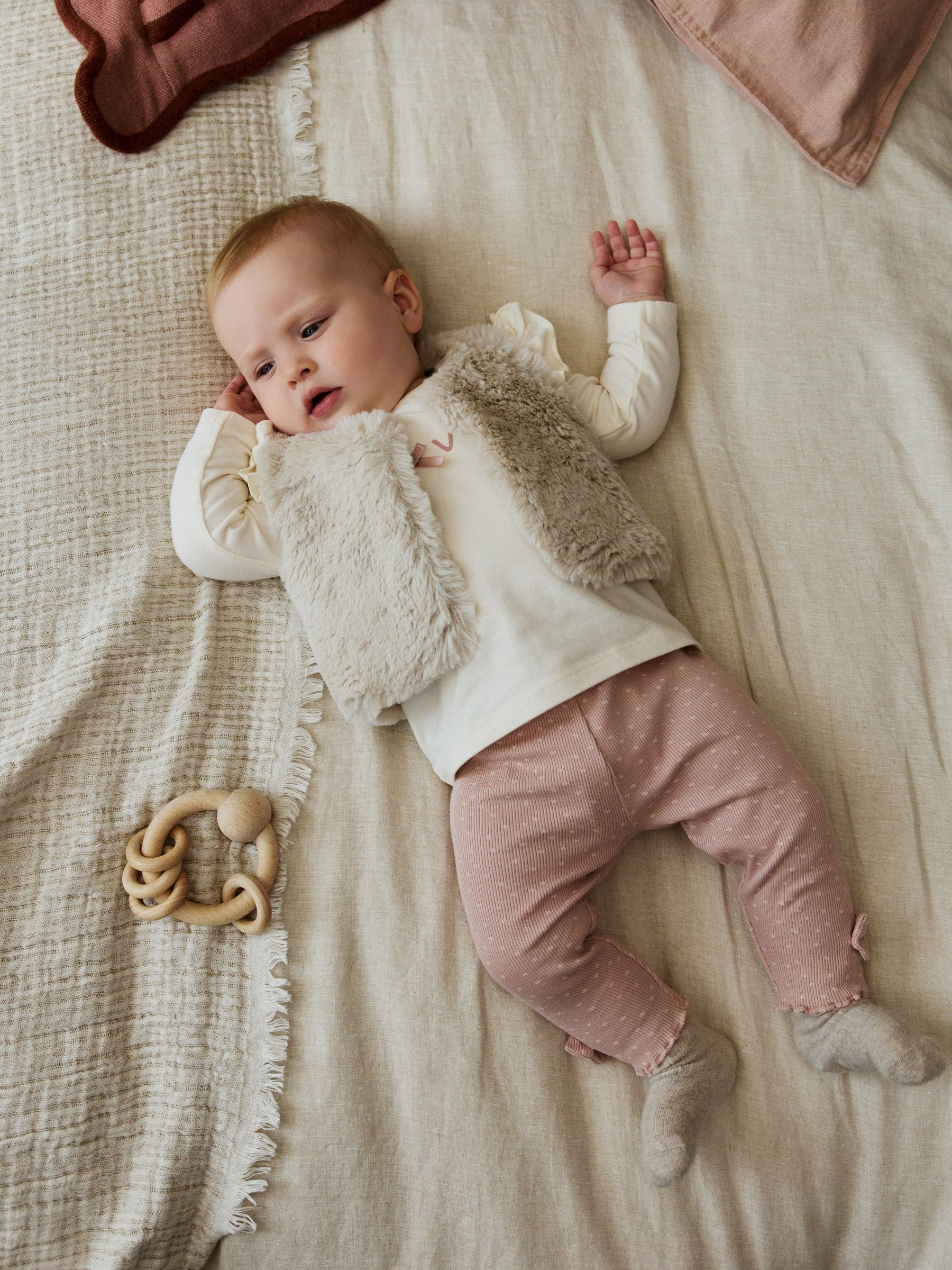 Pink/Cream Baby Fur Gilet, Top and Leggings 3 Piece Set (0mths-2yrs) image 6