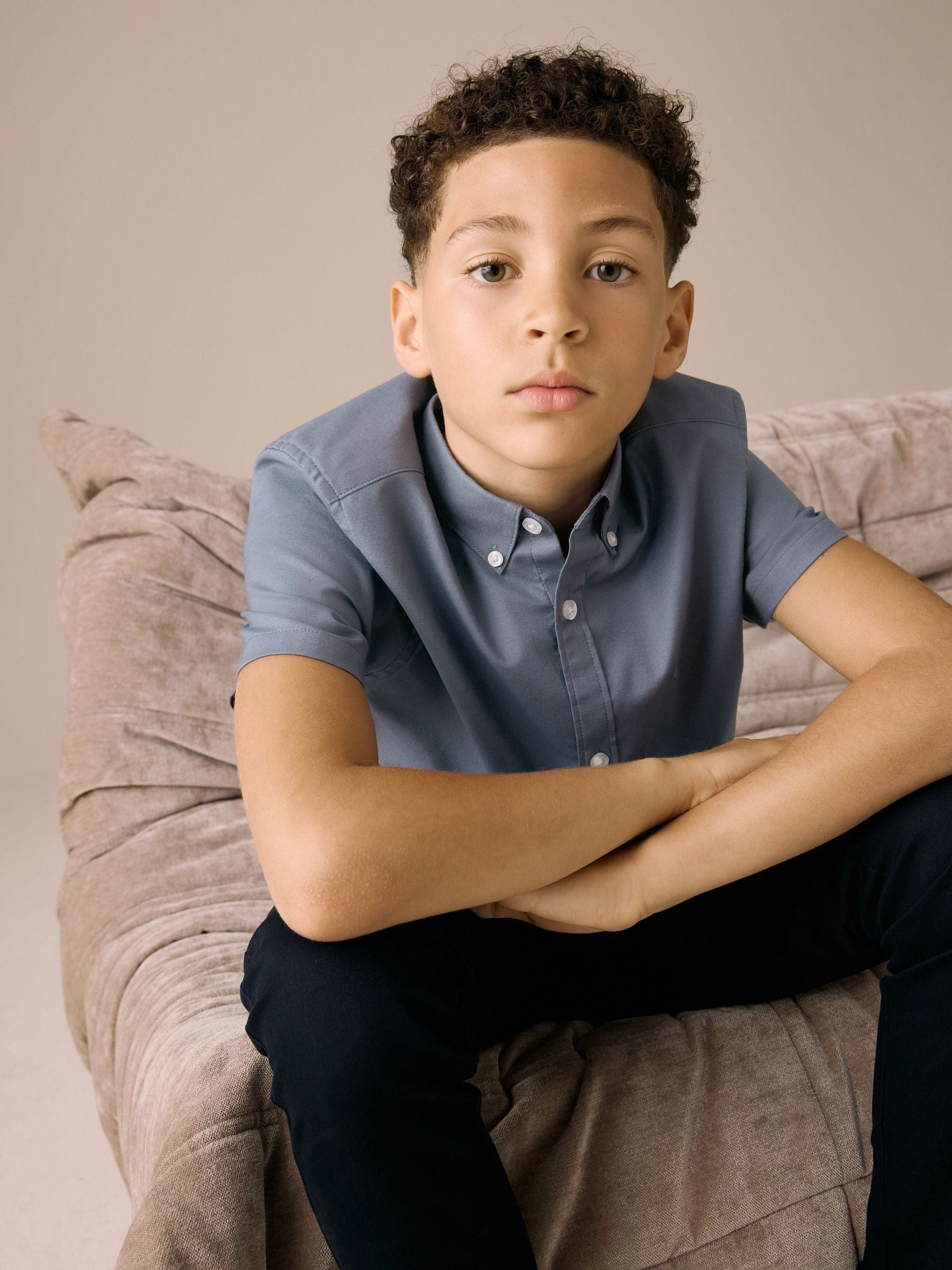 Dsiney Kidz - Airforce Blue Logo Short Sleeve Cotton Rich Oxford Shirt (3-16yrs) image 2