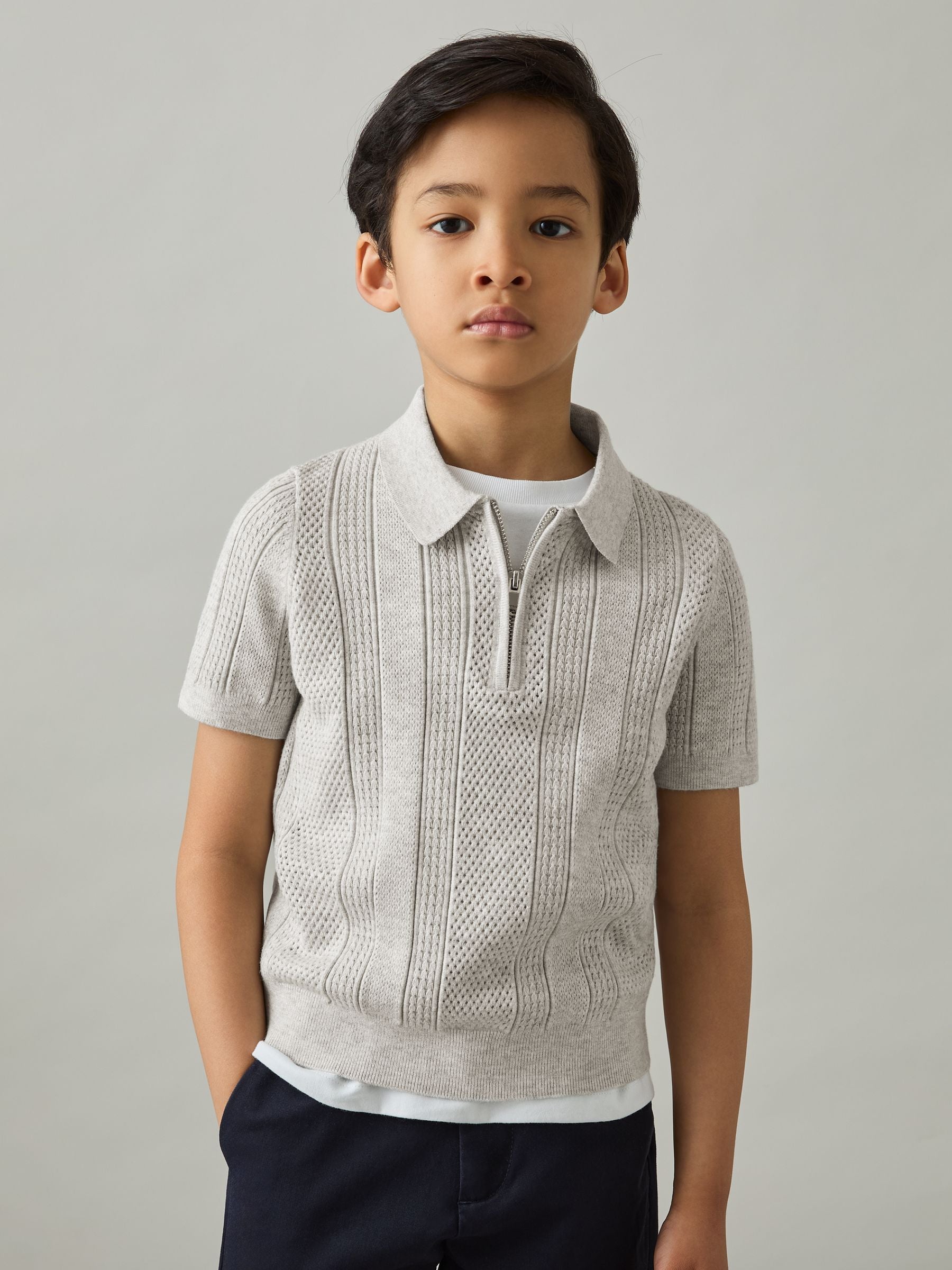 Dsiney Kidz - Reiss Grey Melange Texas 3-9 yrs Textured-Knit Half-Zip Polo Shirt image 3