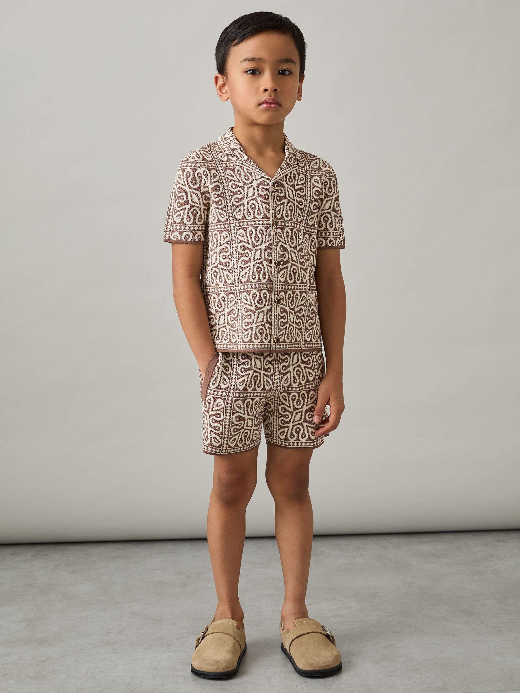 Dsiney Kidz - Reiss Brown/Off White Redhill 3-9 yrs Tile Pattern Knit Shorts image 1